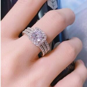 3 Piece White Gold Plated Cubic Zirconia Halo Wedding Engagement Eternity Ring